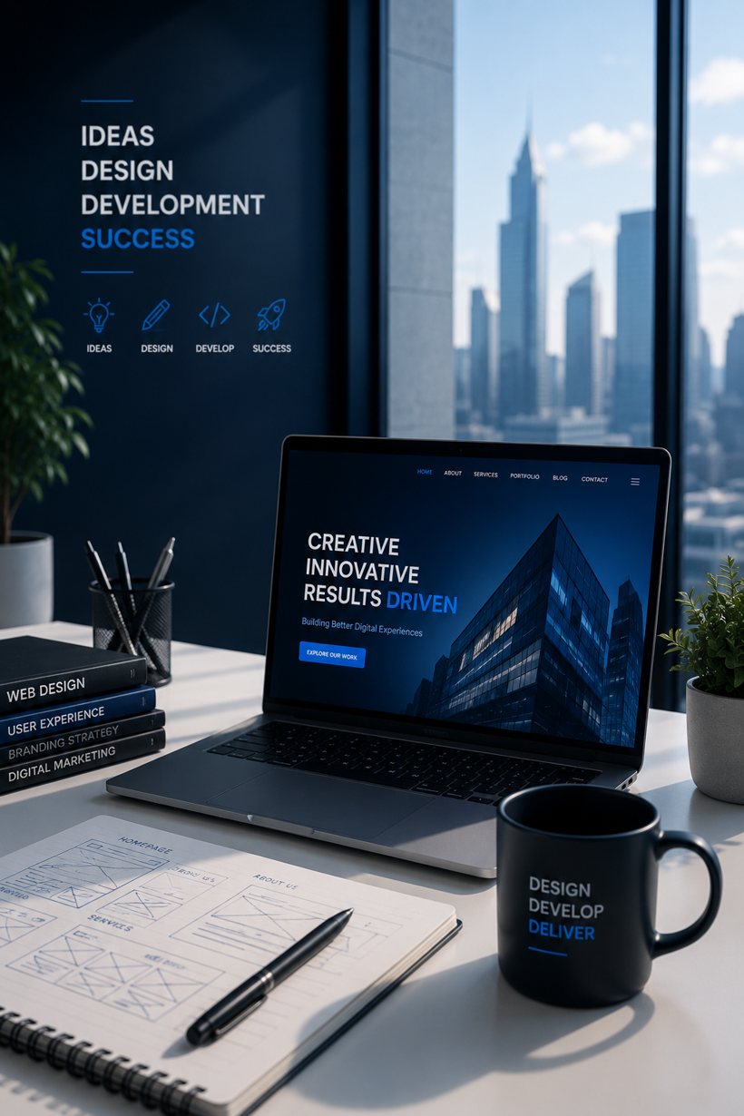 A workspace showing a website design in progress alongside wireframe sketches
