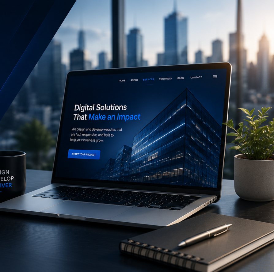 Laptop displaying a Vista Enclave Inc website design against a city skyline