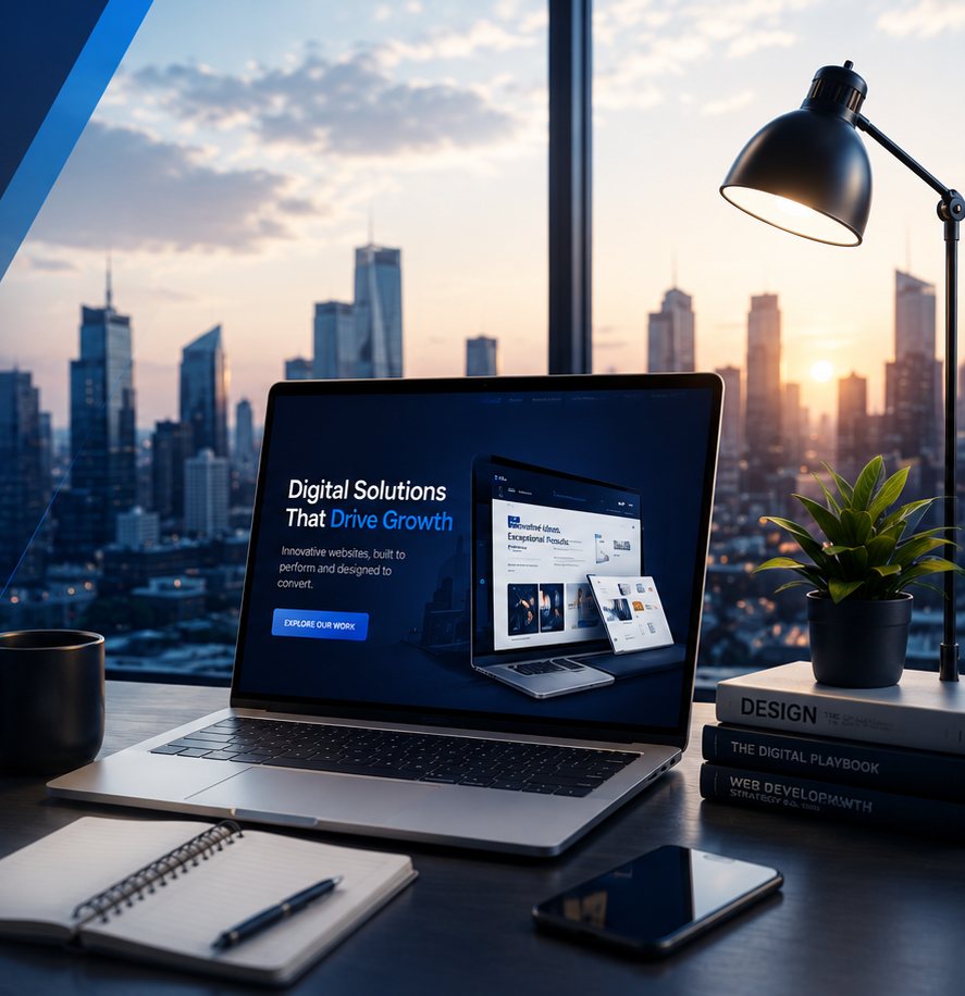 Laptop on a desk showing a website designed by Vista Enclave Inc, with a city skyline at sunset