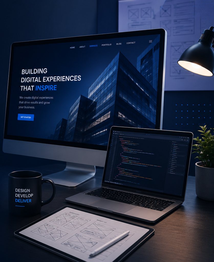 Desktop and laptop screens showing a website design and its underlying code